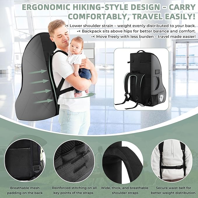 Car Seat Travel Bag for Airplane – Waterproof Heavy Duty Carseat Backpack for Gate Check or Airport Travel – Fits Infant, Convertible & Booster Seats, Dark Grey