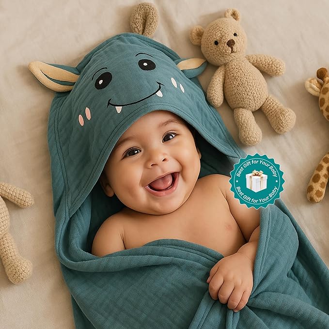 Chungie Soft Muslin Hooded Baby Towels 32x32 inches – 100% Cotton, 6-Layer Breathable Newborn Bath Towels with Hood, Pack of 2 (Printed + Embroidered)