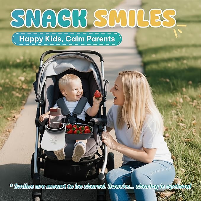 Universal Stroller Snack Tray with Cup Holder 2 in 1 - Stroller Tray Attachment for Baby & Toddler - Baby Stroller Accessories - Fit Most Strollers, Dishwasher Safe with Dust Cover & Silicone Arms