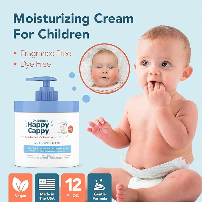 Happy Cappy Moisturizing Cream - Baby Cream for Eczema-Prone Skin, Dry Skin Lotion for Infants, Toddlers & Kids, Pediatrician-Formulated, Gentle, Paraben Free, Hypoallergenic, Sulfate Free - 12 fl oz
