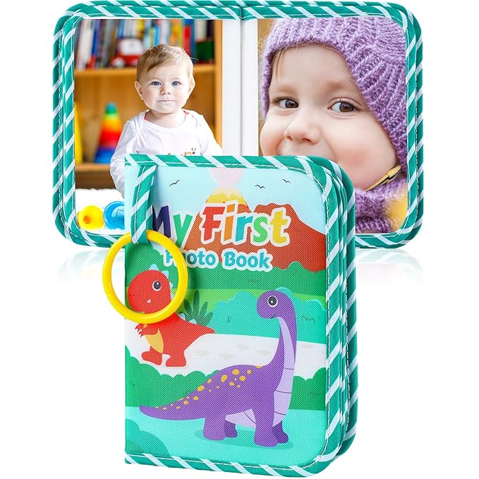 Baby Photo Album Holds 17 4x6 Pictures My First Soft Cloth Family Photo Book with Name Tag Stickers Fabric Kid Memory Keepsake Gift for Newborn Toddler Boy Girl Baby Shower(Green Dino)