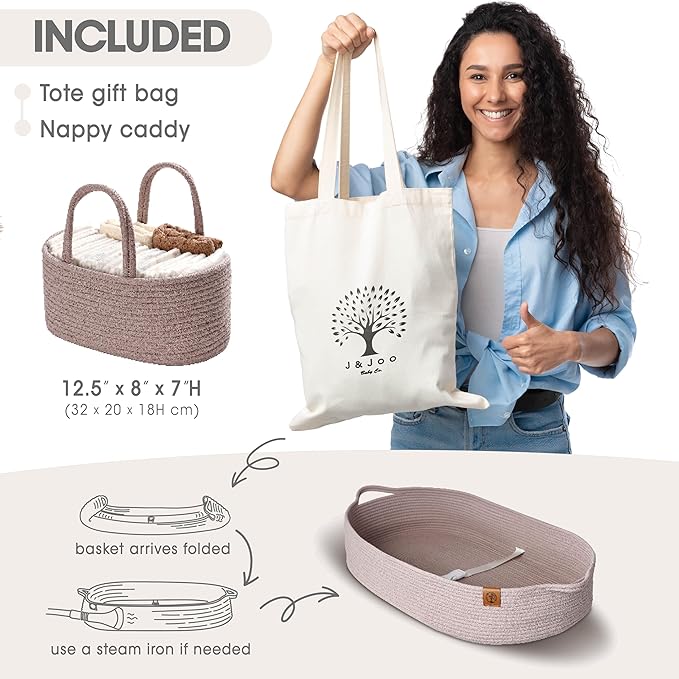 Baby Changing Basket Includes Diaper Caddy - Soft & Waterproof Dual-Cover, Portable, Changing Pad for Dresser & Changing Table, Gift for Baby Shower, Organic Cotton Rope