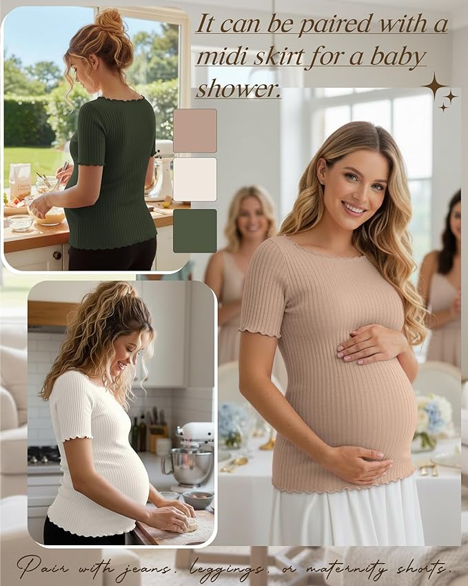 3 Pack Women's Maternity Ribbed Shirts Cotton Short Sleeve Pregnancy Tops Boat Neck Lettuce Trim Mama Clothes