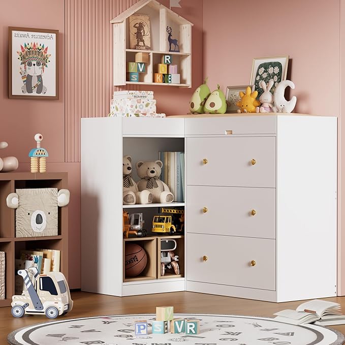 Modern Nursery Changing Table Dresser,Corner Baby Dressing Table with 5 Drawers,2 Open Storage Racks,Multi Functional Diaper Changing Station for Children's Rooms,for The Nursery, White