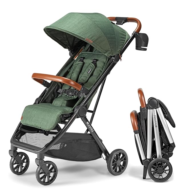 Bombi Bēbee V2 Lightweight Baby Stroller - Premium Vegan Leather, One-Hand Fold, Infinite Recline, Aircraft-Grade Aluminum Frame, XXL Canopy, and Ample Storage Umbrella Stroller - Hunter Green