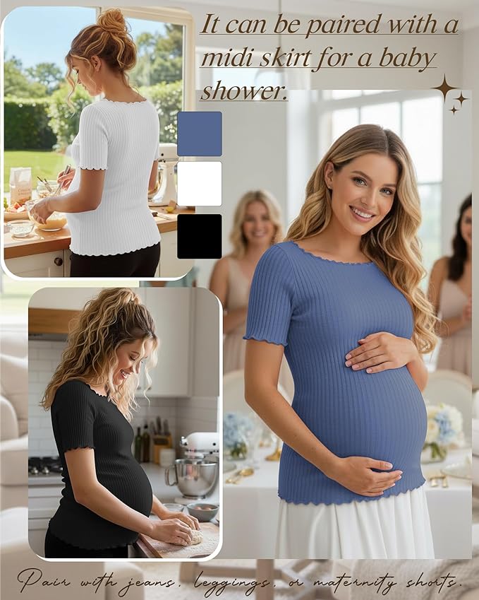 3 Pack Women's Maternity Ribbed Shirts Cotton Short Sleeve Pregnancy Tops Boat Neck Lettuce Trim Mama Clothes