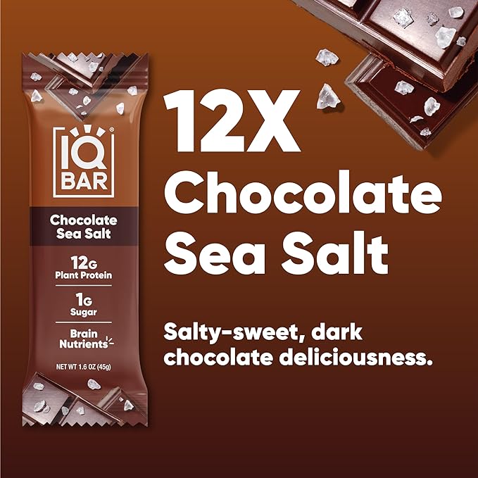 IQBAR Brain and Body Clean Plant Protein Bars - Chocolate Sea Salt - 12 Bars - Keto, Vegan, High Fiber, Gluten and Dairy Free, Low Sugar Snack with Nutrients for Focus, Energy, Meal Replacement