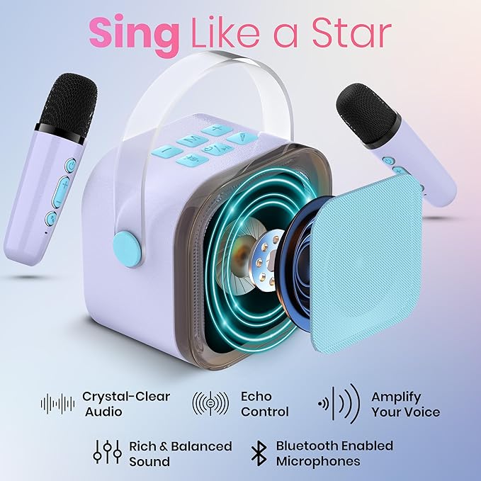 Mini Karaoke Machine for Adults Kids Teen with 2 Wireless Microphones, Birthday Gift Girls 8-12, Toys for Ages 5-7, Small Portable Bluetooth Speaker, Mini Microphone, Teens Car Singing Mic