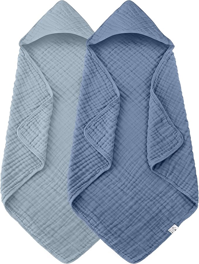 2 Pack Hooded Baby Towels - 100% Muslin Cotton for Newborns, Infants, Toddlers - Large 32x32 Inch Size - Highly Absorbent and Essential for Newborn Care, Light Navy