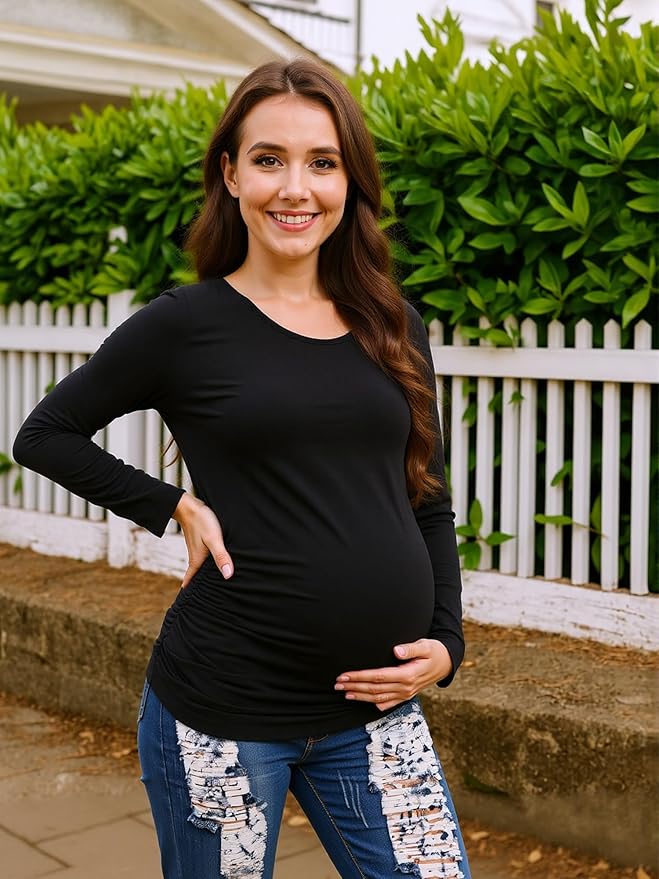 3 Pack Maternity Shirts Long Sleeve Pregnancy Top for Women with Crew Neck Casual Tee Shirts