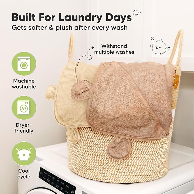 KeaBabies 2-Pack Hooded Baby Towels for Newborn - 35x35 Soft & Absorbent Viscose From Bamboo Baby Bath Towels with Hood for Infant, Toddler, Kids, Boys Girls, Newborn Bath Essentials (Almond, Regular)
