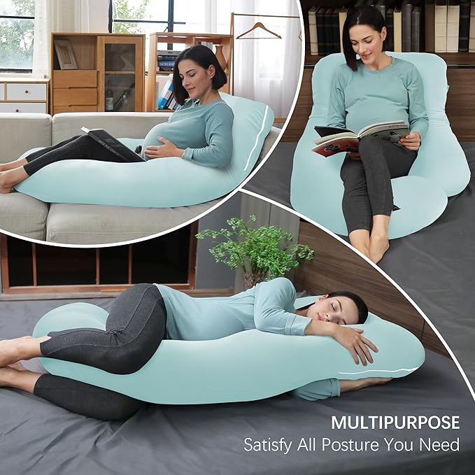 MOON PARK Pregnancy Pillows for Sleeping - U Shaped Full Body Maternity Pillow with Removable Cover - Support for Back, Legs, Belly, Hips - 57 Inch - Ice Blue - Cooling Cover