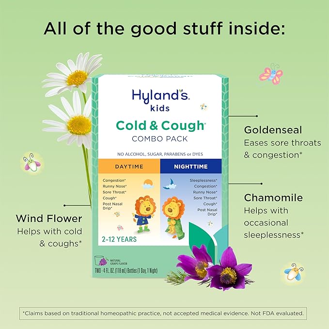 Hyland's Kids Cold and Cough, Day and Night Combo Pack, Cold Medicine for Ages 2 and up, Grape Flavor Syrup Cough Medicine for Kids, Nasal Decongestant, 4 Fl Oz (Pack of 2)