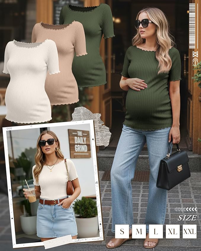 3 Pack Women's Maternity Ribbed Shirts Cotton Short Sleeve Pregnancy Tops Boat Neck Lettuce Trim Mama Clothes