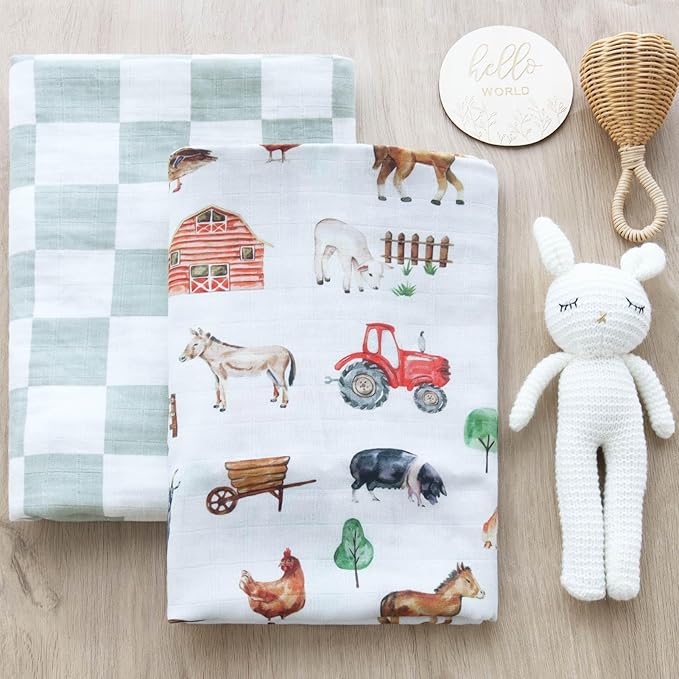 LifeTree Muslin Swaddle Blankets, Farm Animals Baby Swaddling Wrap Nursery Receiving Blanket for Boys & Girls, Soft 70% Viscose from Bamboo and 30% Cotton, Large 47 x 47 inches