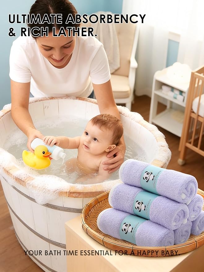 HIPHOP PANDA Baby Washcloths, Rayon Made from Bamboo - 2 Layer Ultra Soft Absorbent Newborn Bath Face Towel - Reusable Baby Wipes for Delicate Skin - Purple, 6 Pack