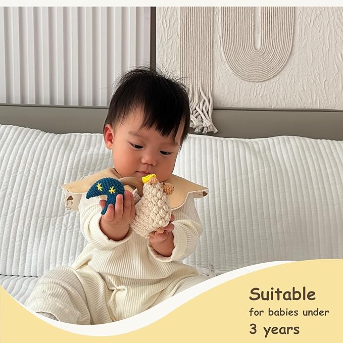 DICHA Wood Baby Rattle-Infant Crochet Rattle Sensory Development Wooden Toys Set-Includes Beech Wooden Teething Ring-Sheep