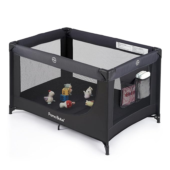 Pamo Babe Compact Pack and Play - Portable Crib for Baby, Lightweight Foldable Travel Playard with Mattress Pad & Carry Bag, Safe Breathable Travel Bed for Home, Trips & Family Visits, Black