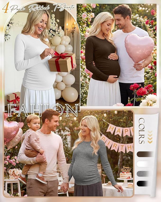 Ficerd 4 Pack Women's Maternity Shirts Cotton Long Sleeve Ribbed Crew Neck Pregnancy Tops Side Ruched Casual Mama Clothes