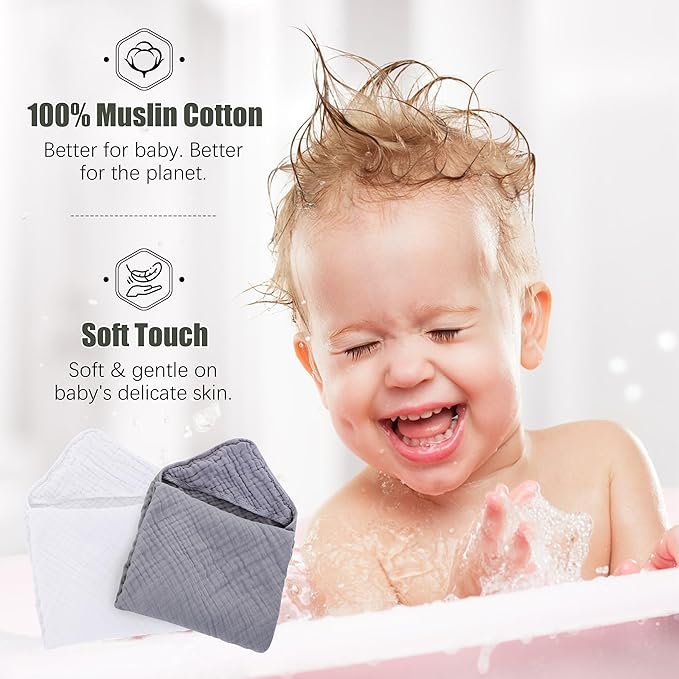 2 Pack Hooded Baby Towels - 100% Muslin Cotton for Newborns, Infants, Toddlers - Large 32x32Inch Size - Highly Absorbent and Essential for Newborn Care, White and Grey