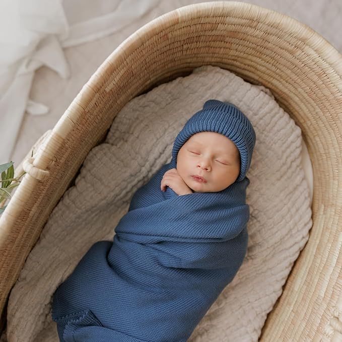 Baby Gift Set - Organic Cotton Newborn Blanket Essentials, Thoughtful Baby Shower & New Baby Gift for Boys & Girls (Luxe - Denim Blue)
