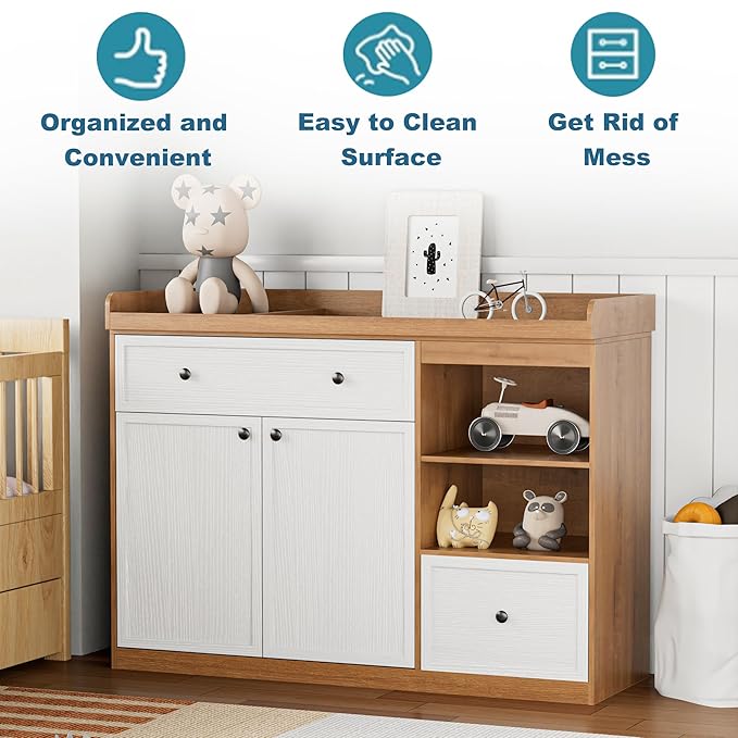 Wide Baby Changing Table Dresser with 2 Doors, 2 Different Size Drawers &Storage Cubbies, Durable Wood Construction, Built-in Shelves of Ample Storage for Nursery (White& Natural Wood)