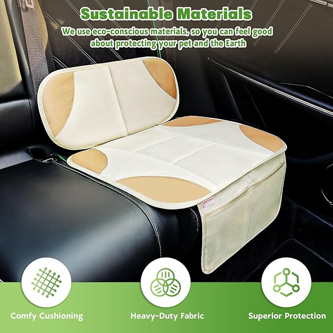 Siivton Car Seat Protector for Kids, Anti-Slip Design, Thick Padding, Prevents Seat Marks, 2 Storage Pockets for Toys & Snacks, Fits Most Cars, Black (Beige, 2 Pack)