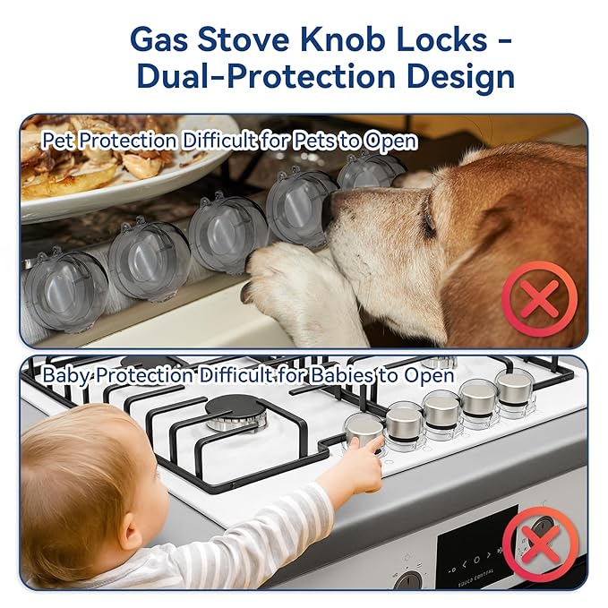 Stove Knob Safety Covers, 5Pcs Fits 90% Oven/Stove 5 Heat Alert Stickers Oven Knob Covers for Child Safety, 2nd Gen Kitchen Burner Childproofing, Gas Stove Knob Locks for Kid Baby Pet (Clear)