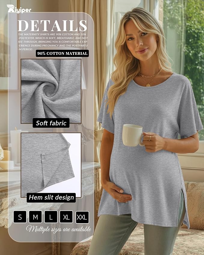Riyiper 3 Pack Women's Maternity Tunic Shirts Cotton Summer Pregnancy Clothes Loose Oversized Split Side Blouse Tops