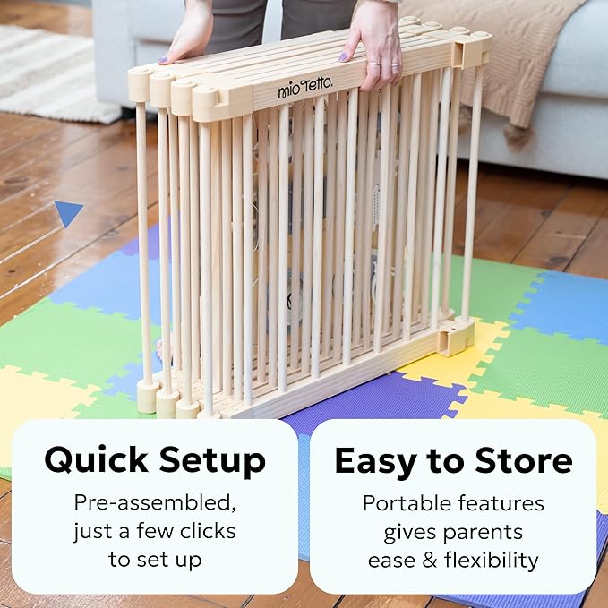 Miotetto Baby Playpen, Wooden Playpen for Babies and Toddlers, Foldable Fence with Montessori Activity Panel, Storage Basket & Gate, Portable, Easy to Assemble Baby Play Pen Natural Wood Playyard
