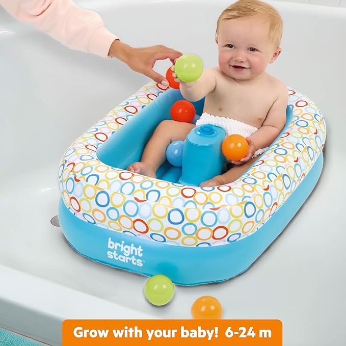 Bright Starts Bathe & Giggle 2-in-1 Baby Bath Tub and Ball Pit, Inflatable Bathtub with Built-in Air Pump and 8 Floating Balls, Portable Design, Deflates and Folds Easily, 6M+