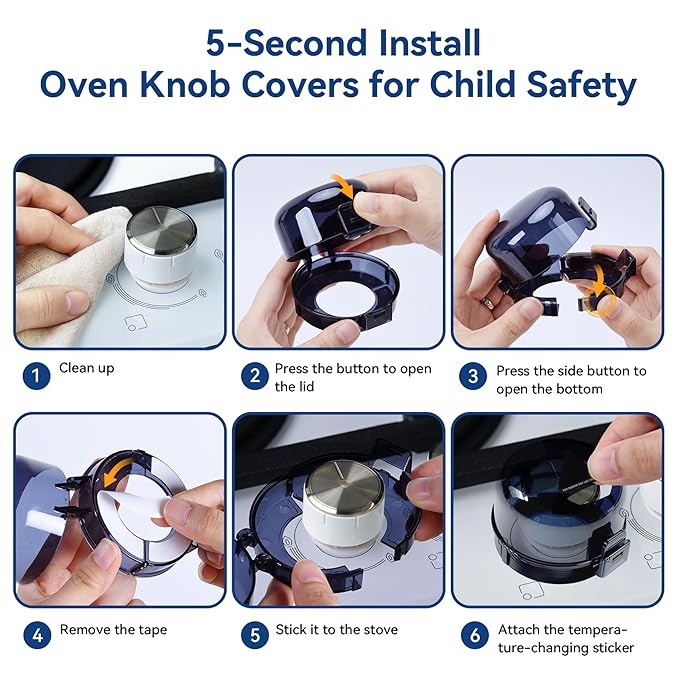 Stove Knob Safety Covers, 5Pcs Fits 90% Oven/Stove 5 Heat Alert Stickers Oven Knob Covers for Child Safety, 2nd Gen Kitchen Burner Childproofing, Gas Stove Knob Locks for Kid Baby Pet (Black)