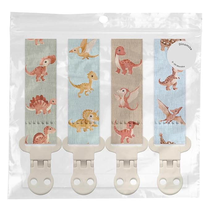 Stadela Baby Fabric Pacifier Clip Holder, Plastic Clip, 4‑Pack, Dinosaur Pattern, Dinomite Set