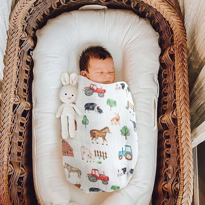 LifeTree Muslin Swaddle Blankets, Farm Animals Baby Swaddling Wrap Nursery Receiving Blanket for Boys & Girls, Soft 70% Viscose from Bamboo and 30% Cotton, Large 47 x 47 inches
