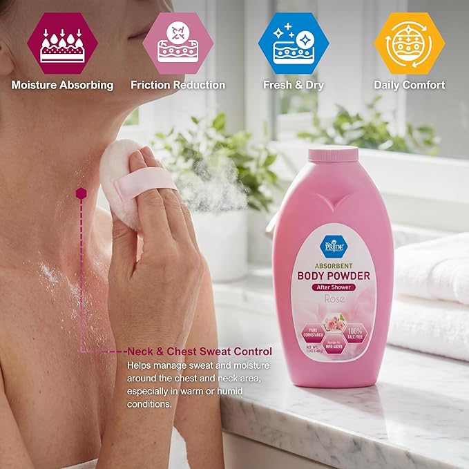 MED PRIDE Talc Free Cornstarch Body Powder with Rose Scent, Moisture Absorbing Skin Care for Daily Freshness, Cruelty Free Formula, 13 Ounce Bottle