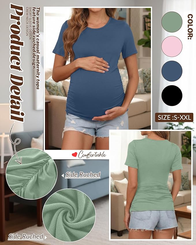 Huukeay 4 Pack Women's Maternity Shirts, Crew Neck Maternity Top Short Sleeve Casual Cotton Tee Side Ruched Pregnancy Clothes