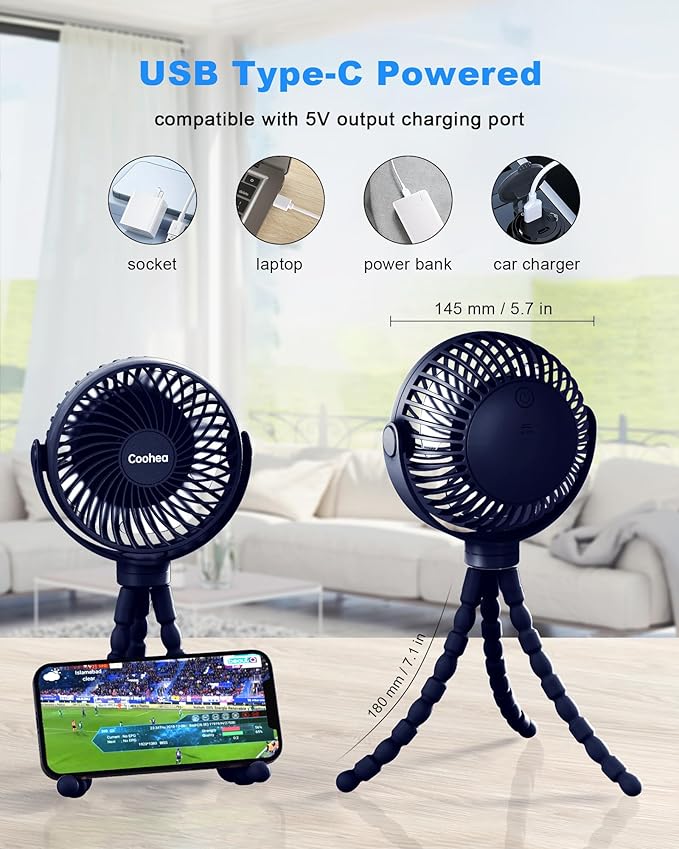 Stroller Fan Clip on for Baby, 4000mAh Rechargeable Battery Operated, Flexible Tripod, 3 Wind Speed, 360° Rotatable, Small Cooling Portable Fan for Car Seat Crib Golf Cart, Navy Blue