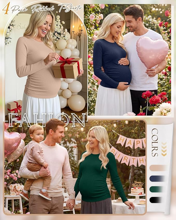 Ficerd 4 Pack Women's Maternity Shirts Cotton Long Sleeve Ribbed Crew Neck Pregnancy Tops Side Ruched Casual Mama Clothes