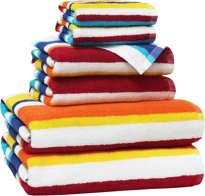 ORIGINAL KIDS 6 Piece Towel Set - 2 Bath Towels, 2 Hand Towels, 2 Washcloths - 100% Cotton - Soft Absorbent Quick Dry - Durable Pool Shower Beach - Gift - Cabana Stripe Multi