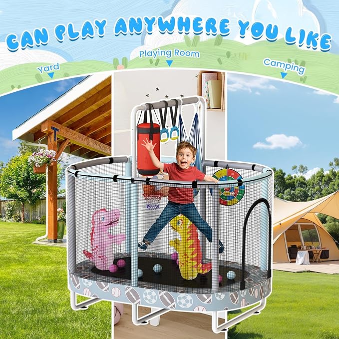 LAMERGE 55" 7-in-1 Round Trampoline for Kids Boys & Girls Ages 1-8, Indoor & Outdoor Trampoline for Fun, Adjustable Height Handrail ＆ Enclosed Safety Net ＆ Durable Designs for Toddlers Children