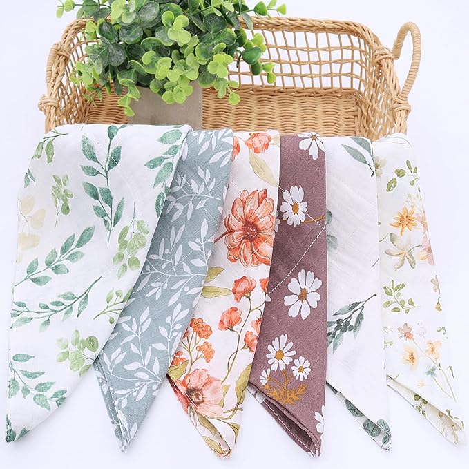 LifeTree Baby Muslin Washcloths, Soft 6 Pack Baby Wash Cloths Unisex for Boys Girls, 70% Viscose from Bamboo and 30% Cotton Bath Face Towels, Bibs for Newborn with Sensitive Skin, 10.6x10.6 inches