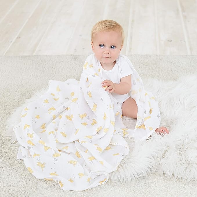 aden + anais Essentials Disney Muslin Swaddle Blankets for Baby Girls and Boys, Newborn Receiving Blanket for Swaddling, 100% Cotton Baby Swaddle Wrap, 4 Pack, Winnie + Friends