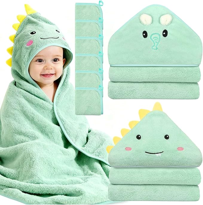 8 Pcs Baby Towel and Washcloths Set, Soft Baby Towels, 2 Pcs 32x32 in Cute Baby Towel with Hood and 6 Pcs Baby Washcloths for Infants, Toddlers and Kids (Green Elephant & Dinosaur)