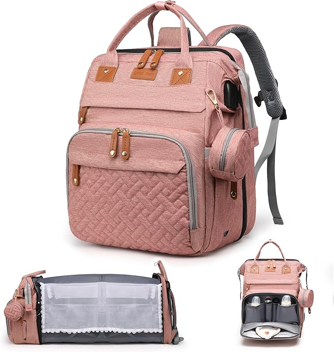 Diaper Bag Backpack with Changing Station, Multifunction Travel Baby Bag, Waterproof Baby Tote, Large Capacity Mommy Bag, Newborn Essentials Backpack Bag, Girls, Pink