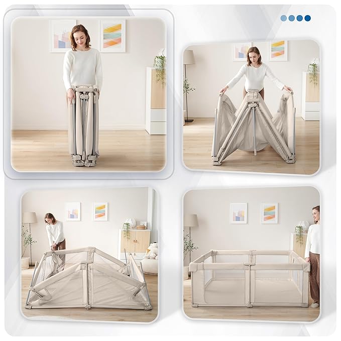 Sweeby Baby Playpen, 59x59 Inch Gate Foldable for Babies and Toddlers, Extra Large with Door Play Yard for Fence Indoor and Outdoor, Light Khaki