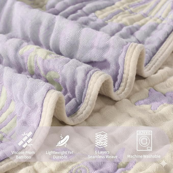 6-Layer Ultra-Soft Muslin Baby Hooded Towel - Made with Organic Cotton, Ocean Jacquard for Bath & Beach, 32x32 Inches (Lavender Ocean)