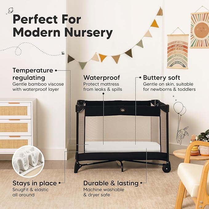 2-Pack Waterproof Pack and Play Sheets, Mini Crib Sheets Fitted for Boy, Girl - 38 x 26 Viscose From Bamboo Pack N Play Mattress Sheets for Graco, Toddler Playard Baby Crib Sheets Neutral (Soft White)