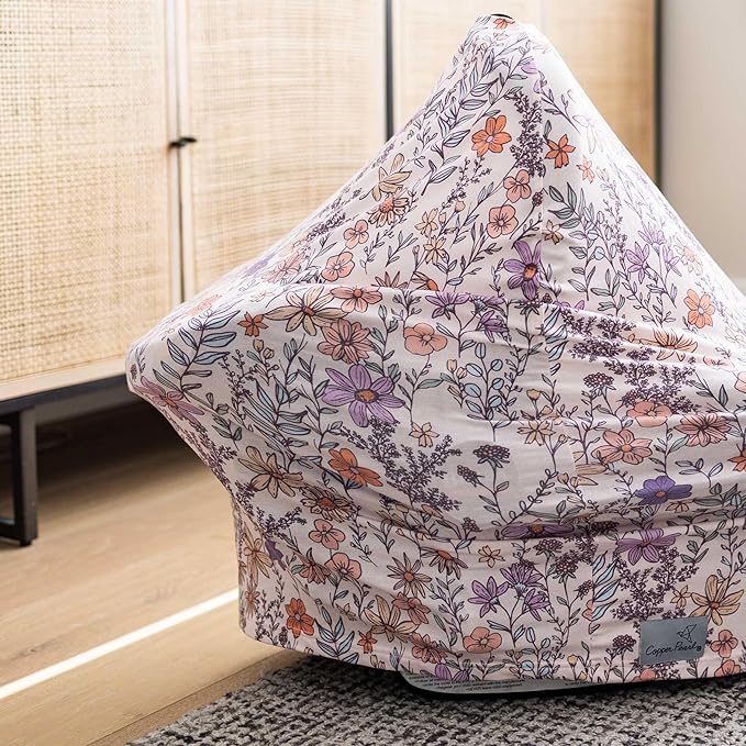 Baby Car Seat Cover Canopy and Nursing Cover Multi-Use Stretchy 5 in 1 Gift "Flora" by Copper Pearl