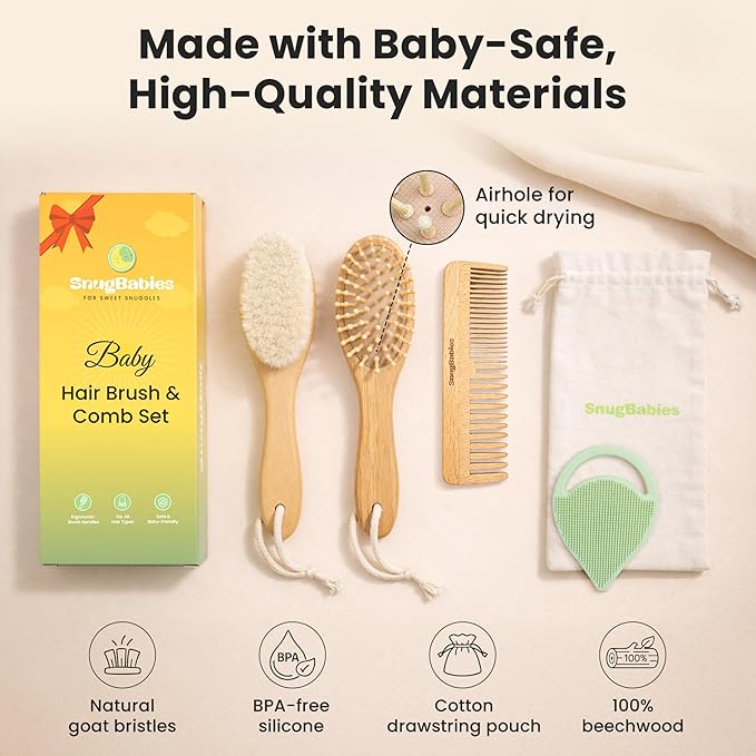 Baby Hair Brush & Comb Set for Newborns - Gentle Goat-Hair & Bamboo Bristle Hairbrushes with Easy Grip Wooden Handles - 5-Pack Baby Brush Set with a Cotton Travel Pouch - Gifts for Boys & Girls