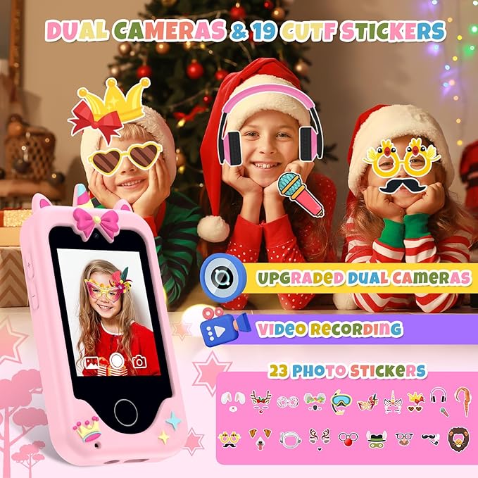 Nikuku Kids Smart Phone for Girls, Toddler Christmas Birthday Gifts for 3-8 Year Old, Childrens Pretend Cell Phones with Puzzle Games, 2.8" Touchscreen Learning Play Toy with Dual Camera(Pink)